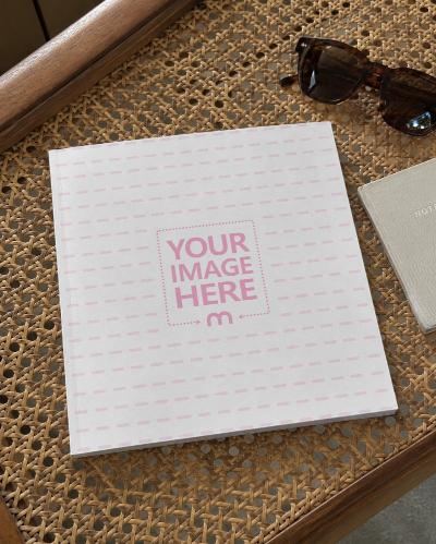 Square Magazine Cover Mockup Rattan Table Lifestyle Scene