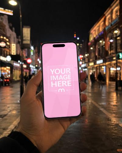 Smartphone Screen Mockup Generator Hand Holding Phone in Night City