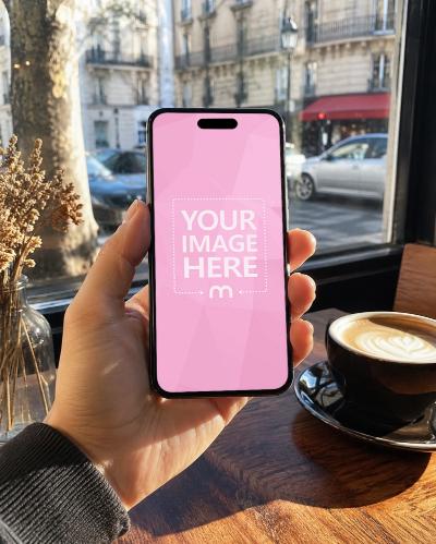 Smartphone Screen Mockup Generator Hand Holding Phone in Sunny Café
