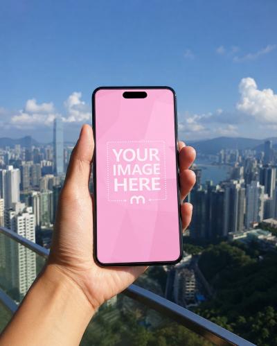 Smartphone Screen Mockup Generator Hand Holding Phone Over City Skyline