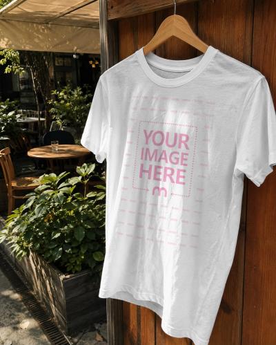 T-Shirt Mockup on Hanger Outdoor Café Lifestyle Scene