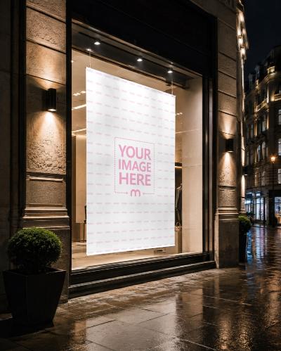 Luxury Store Window Banner Mockup Illuminated Night Boutique Scene