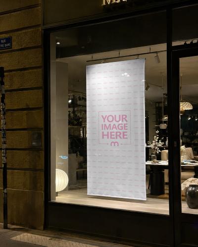 Luxury Store Window Banner Mockup Vertical at Night