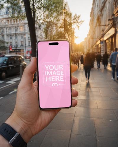 Smartphone Screen Mockup Hand Holding Phone at Golden Hour