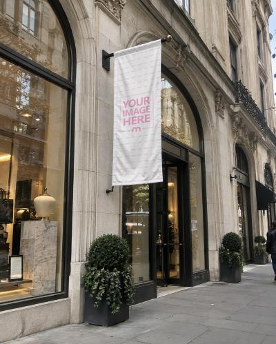Luxury Storefront Flag Banner Mockup Hanging Shop Sign