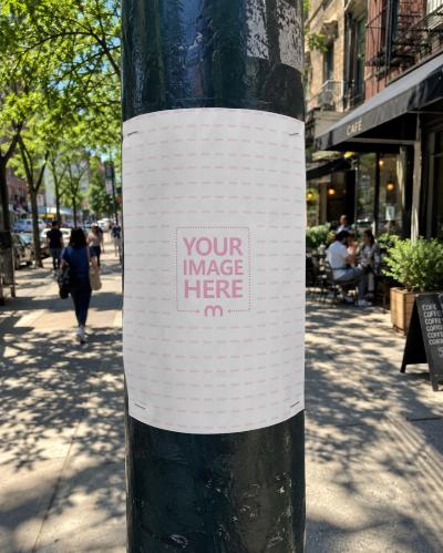 Street Poster Mockup on Utility Pole Realistic Stapled Flyer in City Street