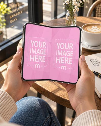 iPhone Duo Foldable Mockup Generator Held in Hands at Café