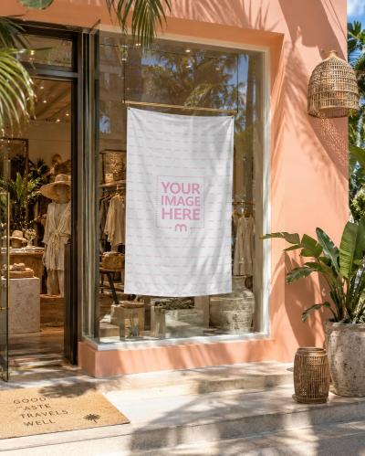 Luxury Boutique Window Banner Mockup Tropical Resort Storefront