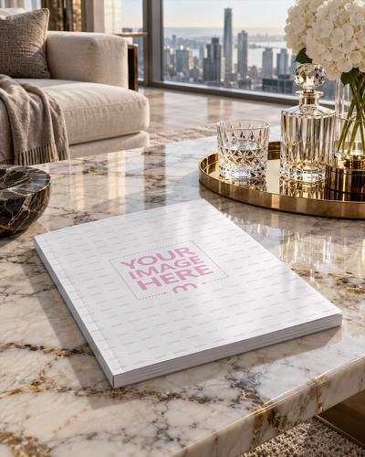 Luxury Magazine Mockup on Marble Table in Penthouse