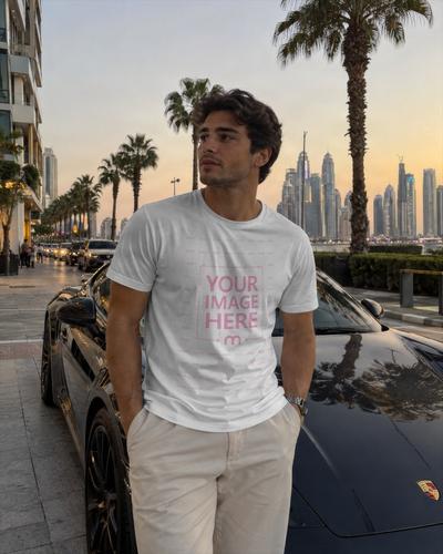 Luxury Men's White T-Shirt Mockup with Exotic Sports Car